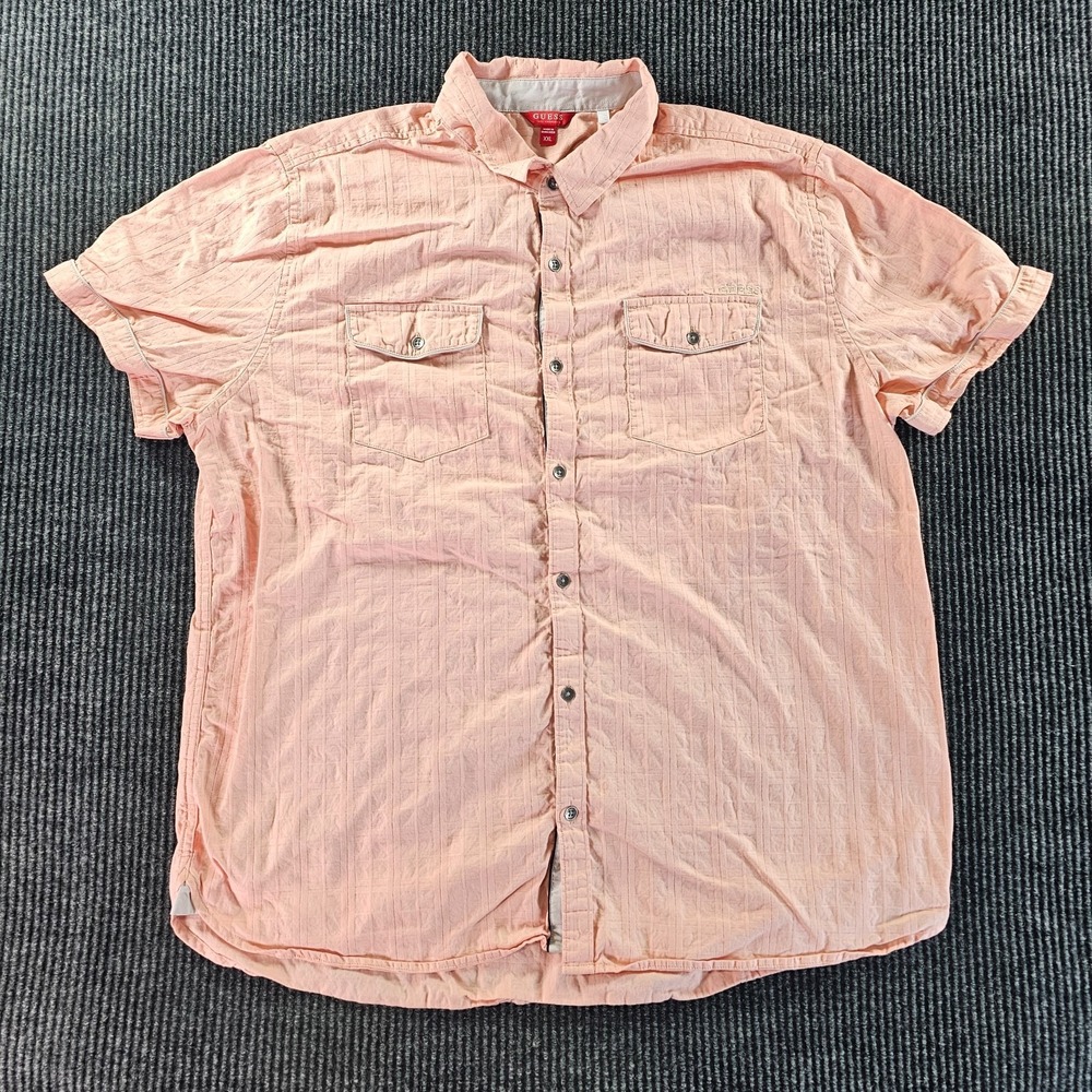 GUESS Men's XXL Peach Textured Button Up Short Sleeve Shirt Cotton Casual
